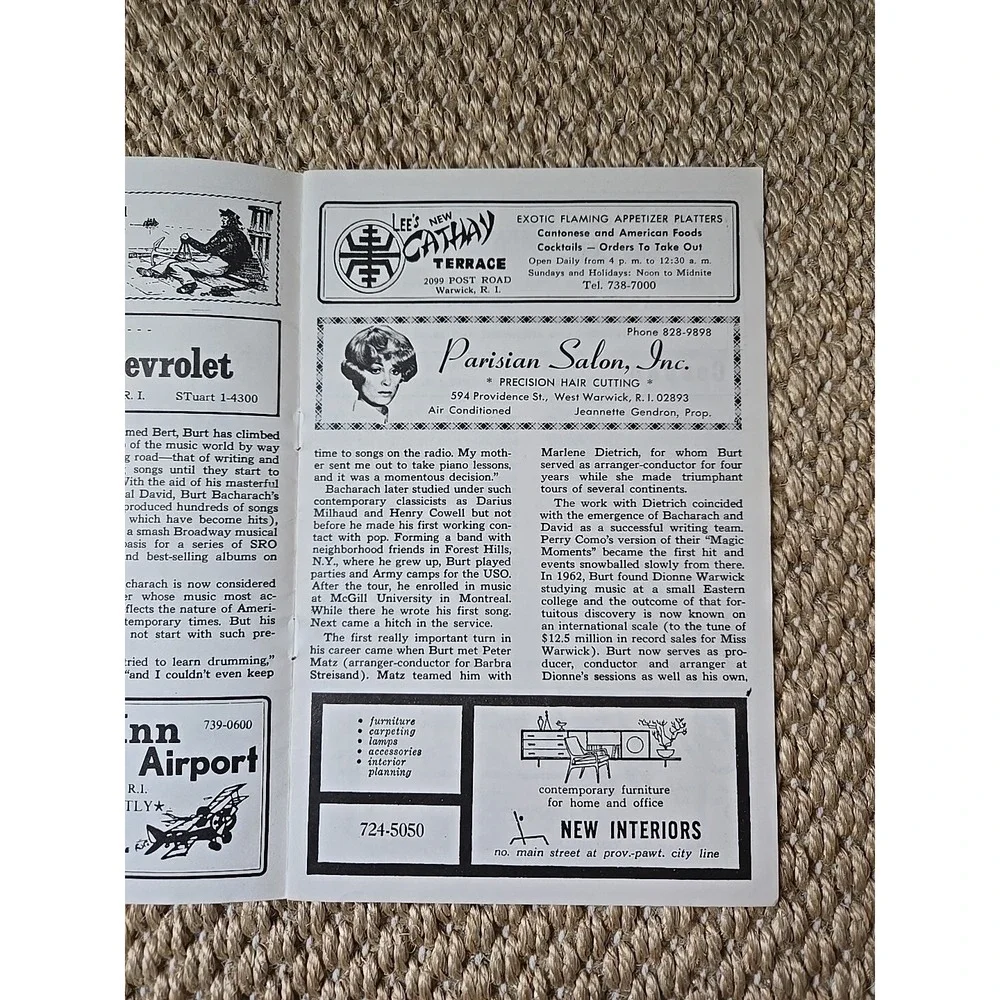 Rare Burt Bacharach/Don Rice Warwick Musical Theatre RI Program 7/1-7/6, 1974